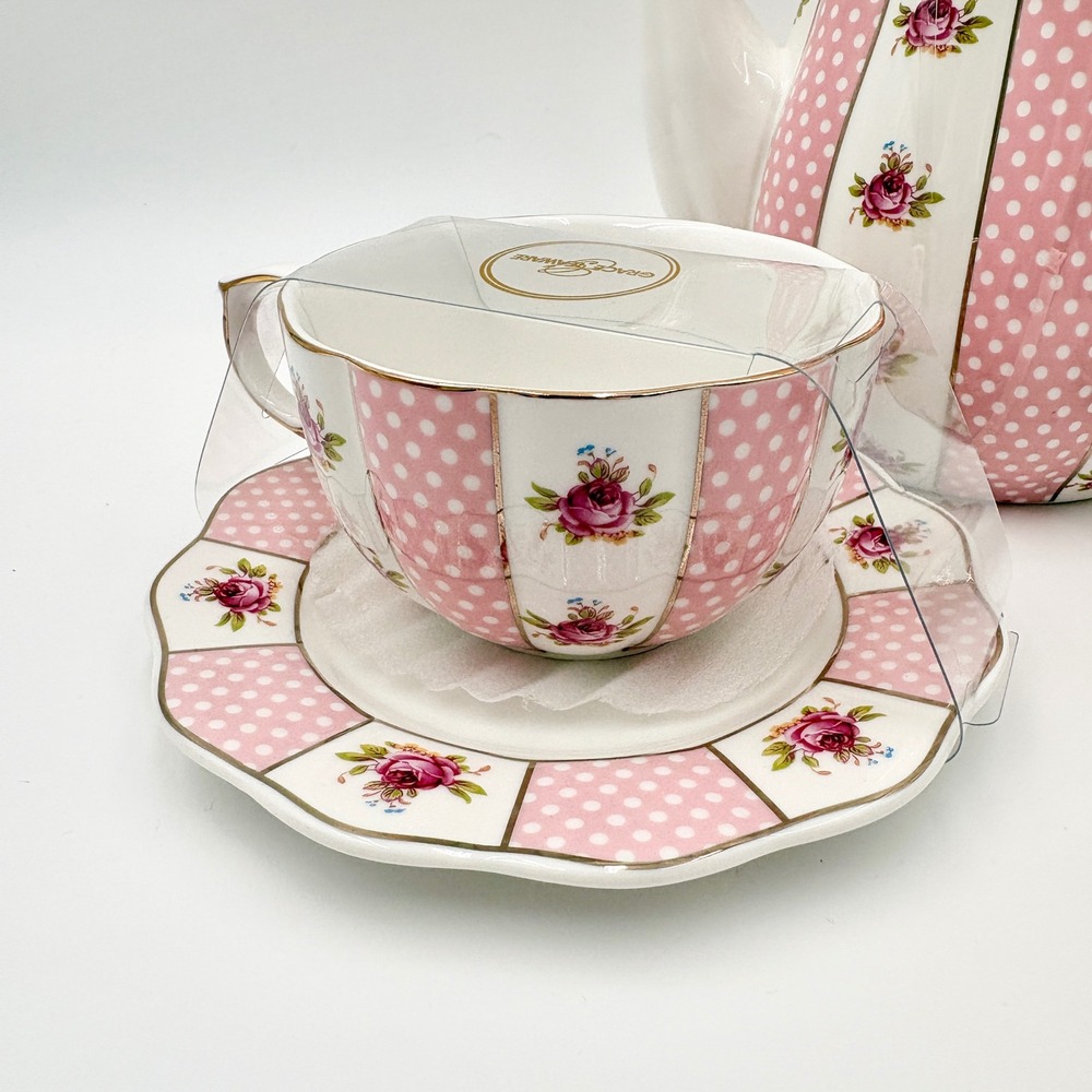 Grace Teaware Pink Polka Dot Rose Floral Porcelain Teapot and 2 Cup Saucer Set - Picture 2 of 11